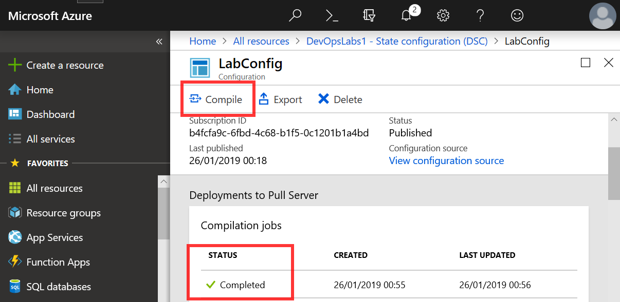Screenshot of the LabConfig Configuration pane for the DevOpslabs1 Automation Account inside Azure Portal. The Compile button is highlighted to indicate the location of the button within the LabConfig Configuration pane. The Compilation Jobs display element is also highlighted, and its status is shown as Completed, which illustrates how to verify that an imported DSC configuration file has been compiled successfully.